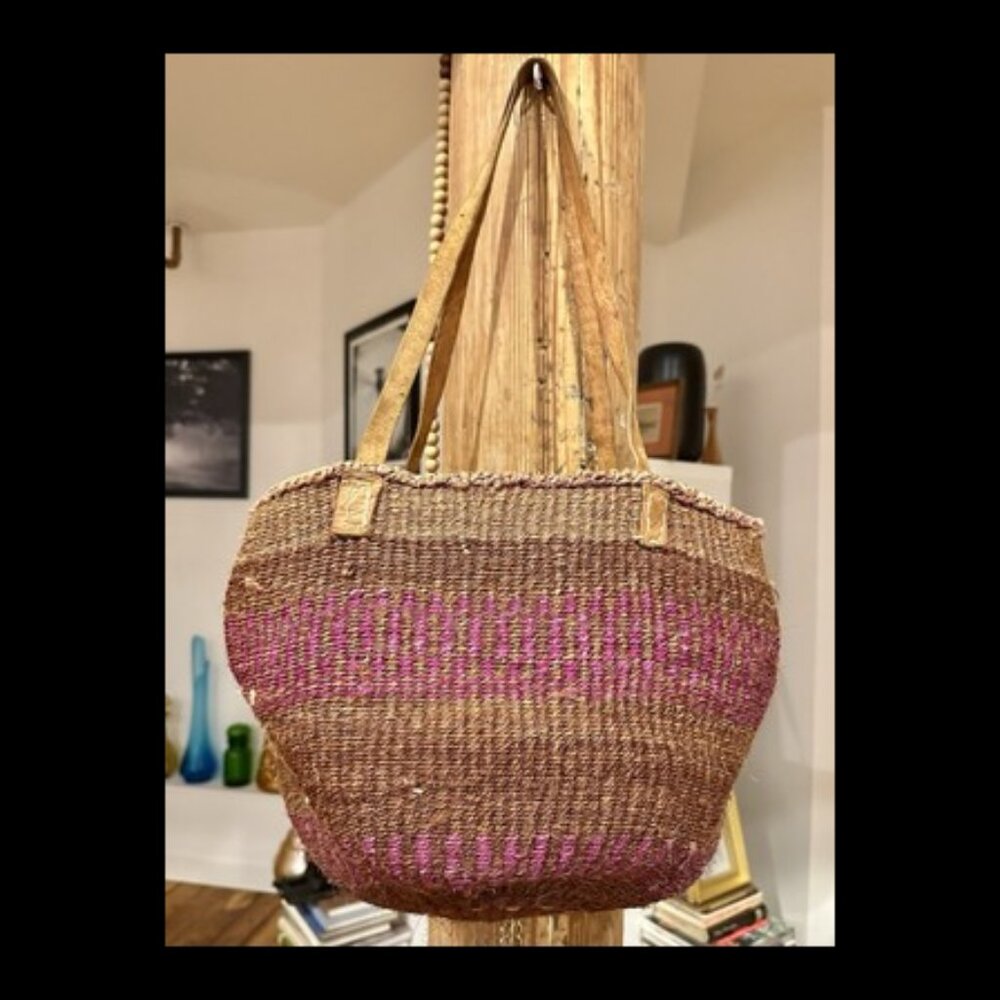 Vintage Sisal Market Tote Purple Brown EUC